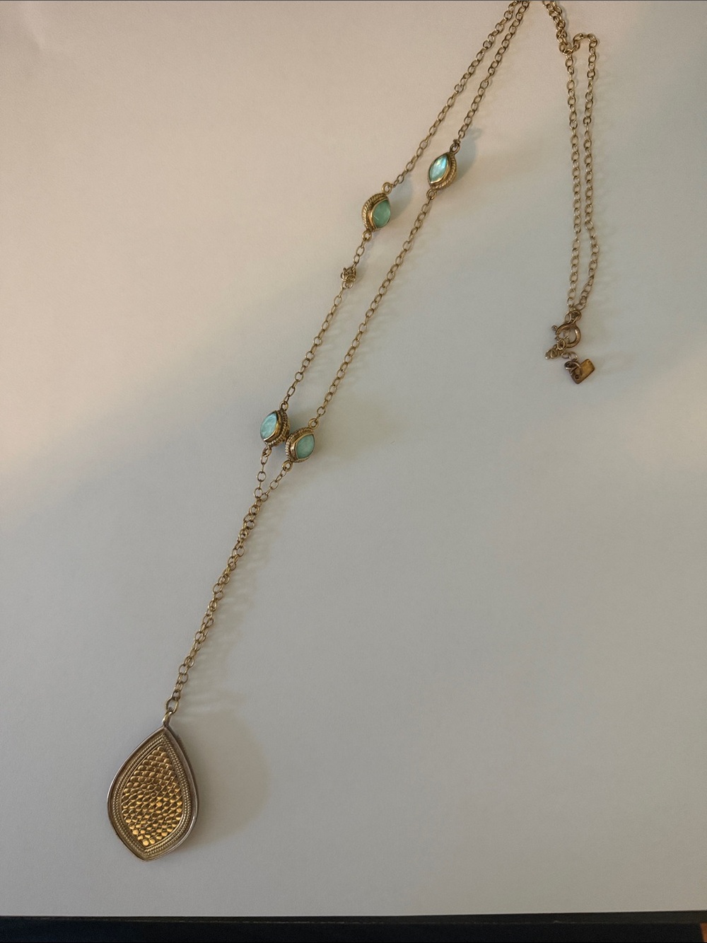 Anna Beck Gold Teardrop Pendant Necklace with Aqua Stone Accents